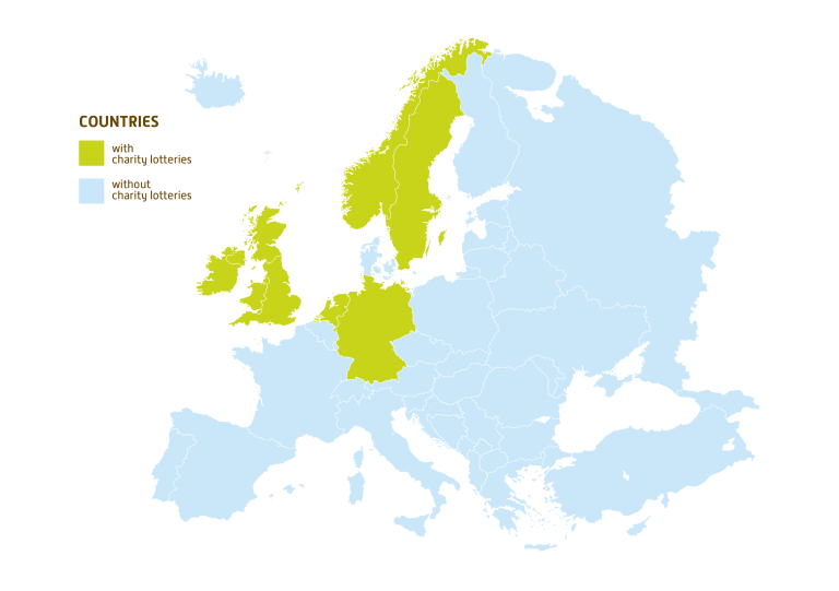 Map of Europe highlighting countries that have a charity lottery